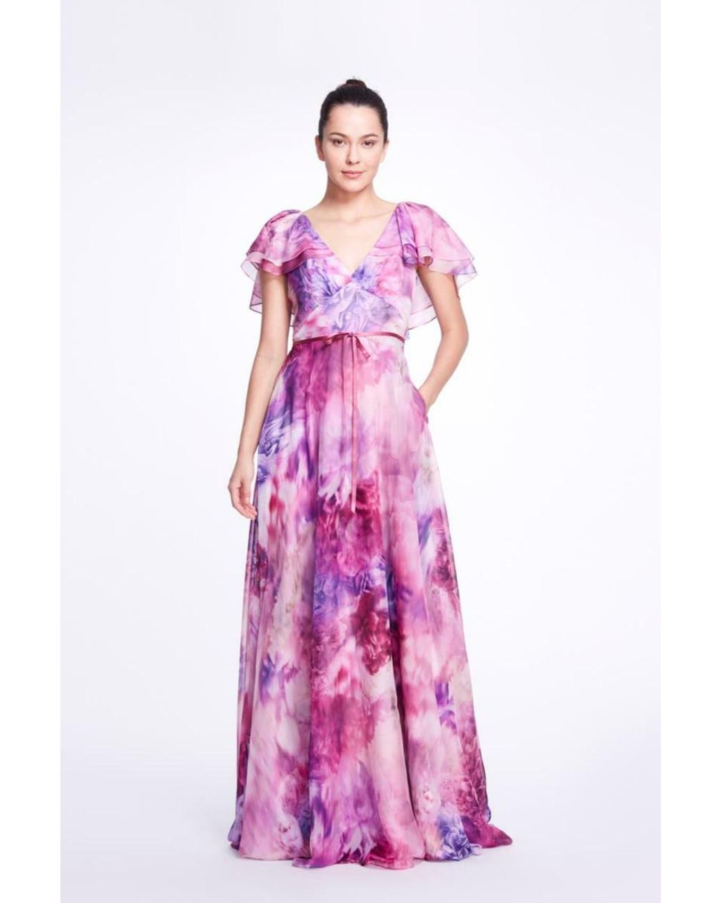 Marchesa notte V-neck Printed Chiffon Cape Sleeve Gown in Pink | Lyst