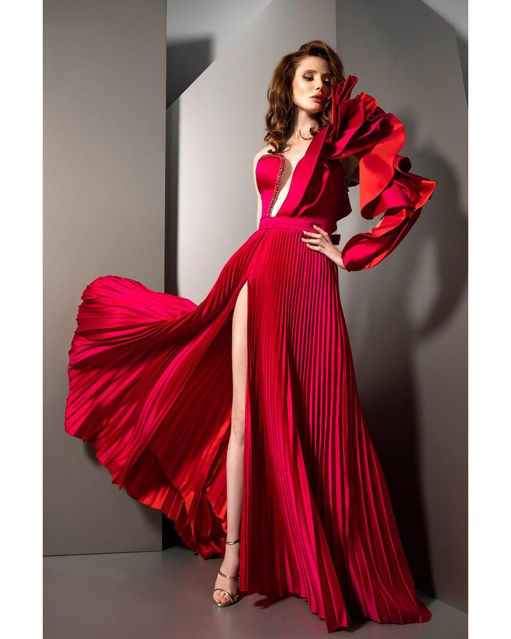 Ziad Nakad Ruffled Sleeved Pleated Slit Gown in Red | Lyst