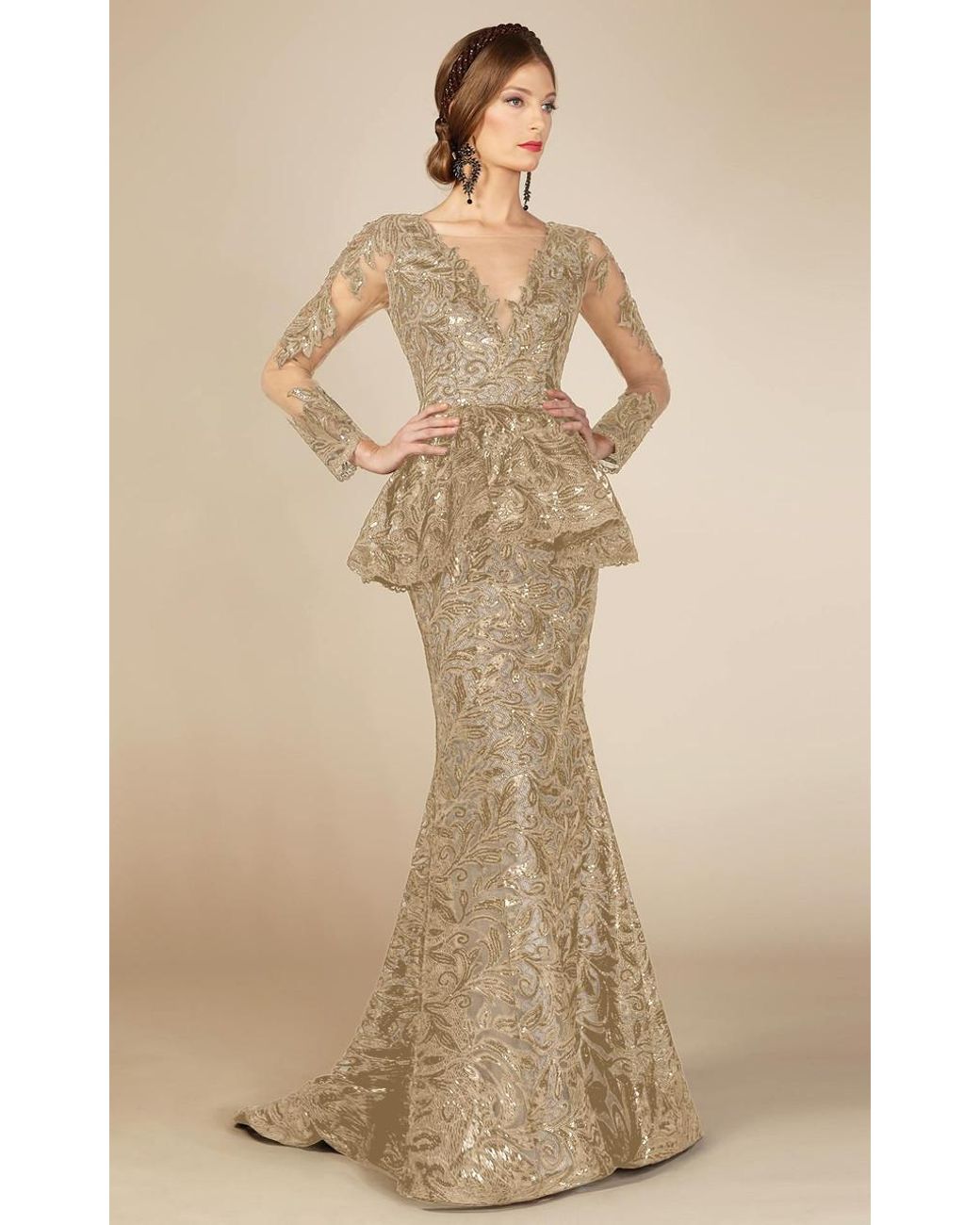 Mnm Couture Long Sleeve Peplum Champagne Evening Gown Lyst