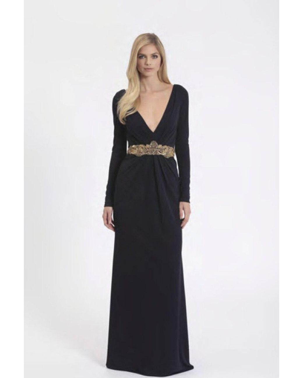 badgley mischka v neck column gown
