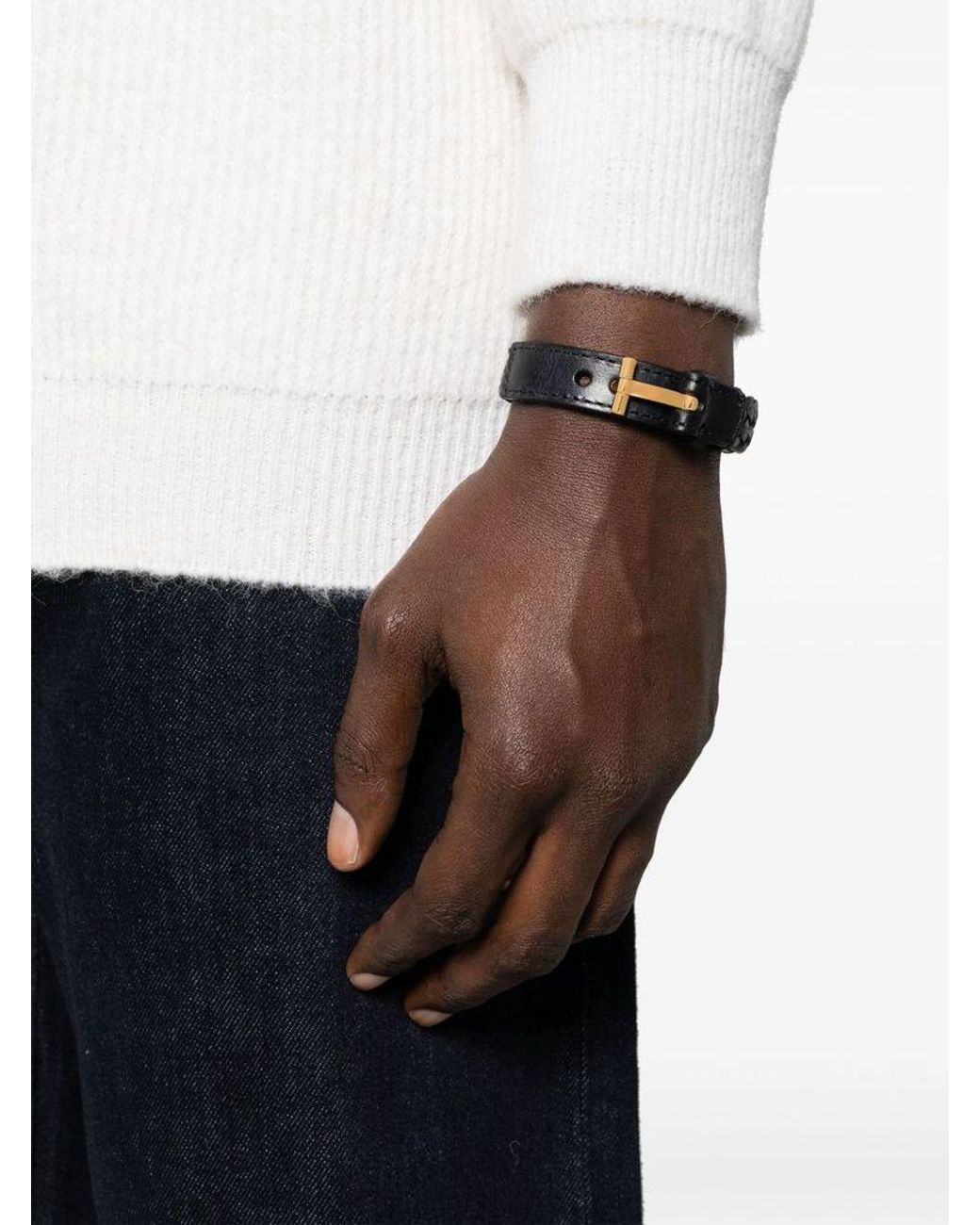 Tom Ford Black Braided Leather Bracelet for men