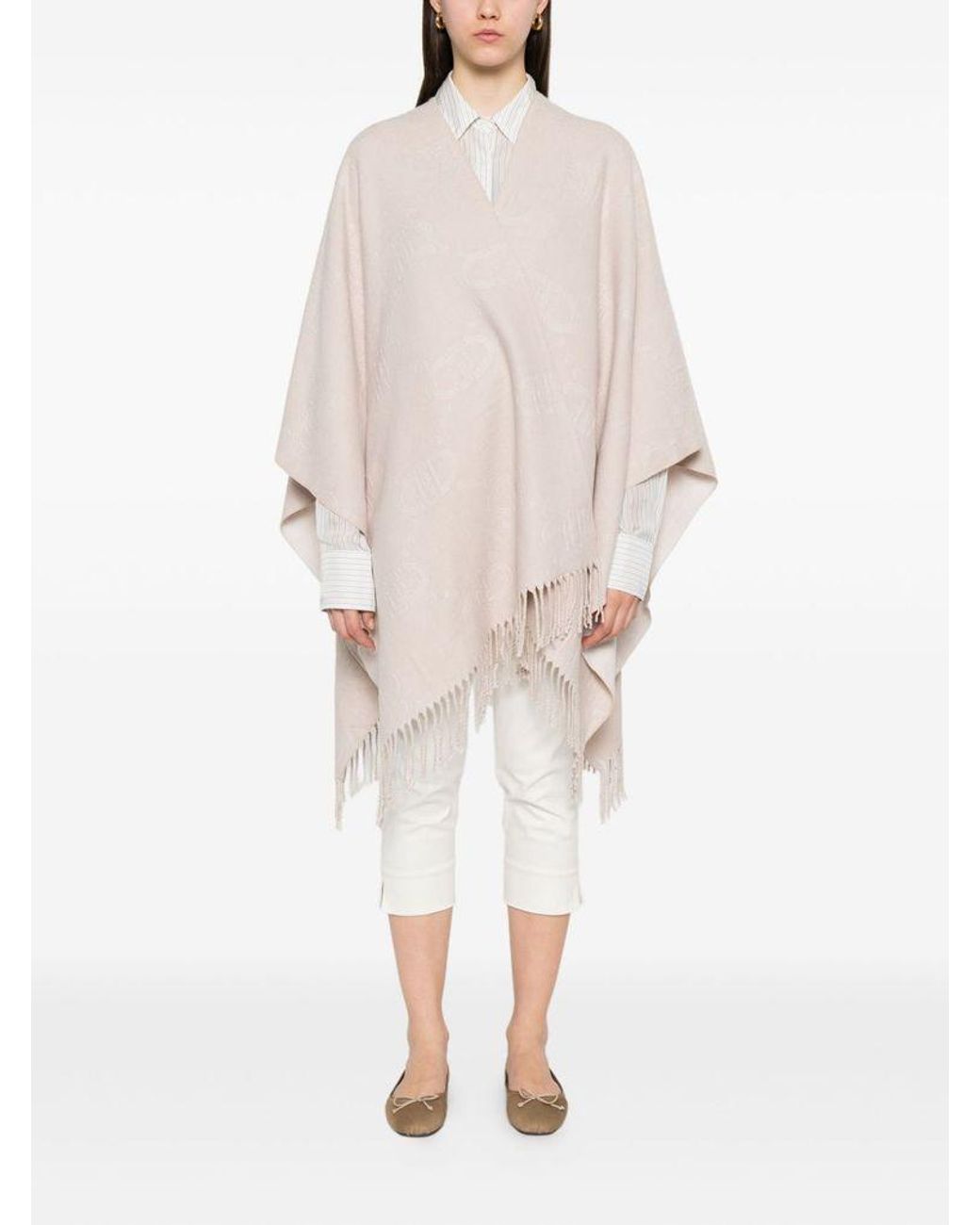 Liu Jo White Logo-Patch Fringed Poncho