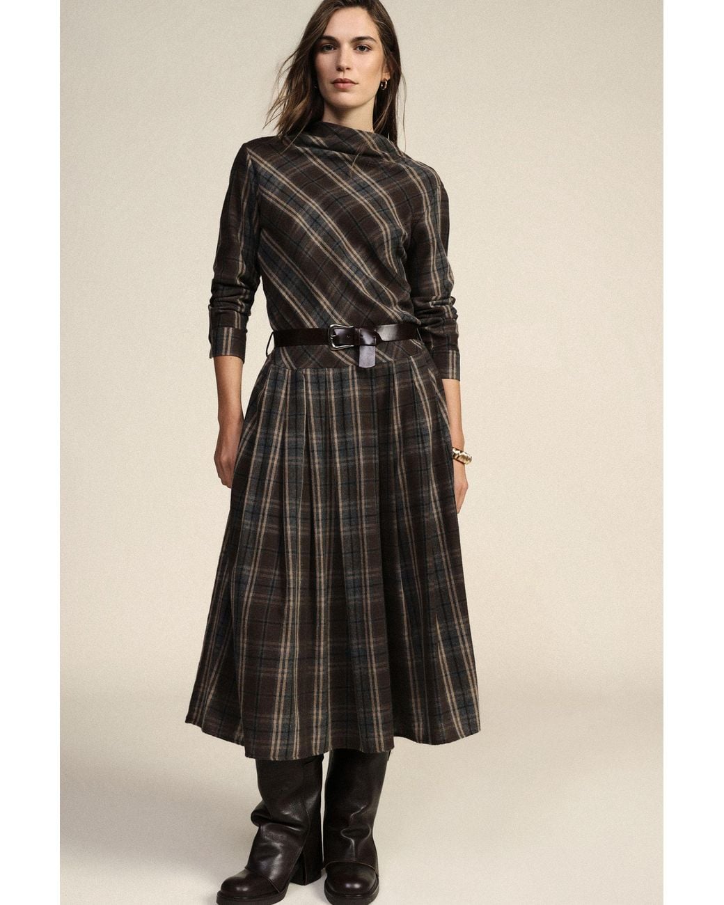 Robe Midi À Carreaux Avec Ceinture Et Manches Longues Dixie en coloris Black