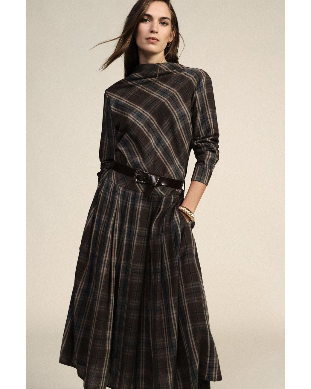 Robe Midi À Carreaux Avec Ceinture Et Manches Longues Dixie en coloris Black