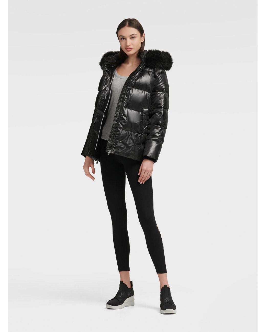 DKNY Glossy Puffer Jacket in Black | Lyst
