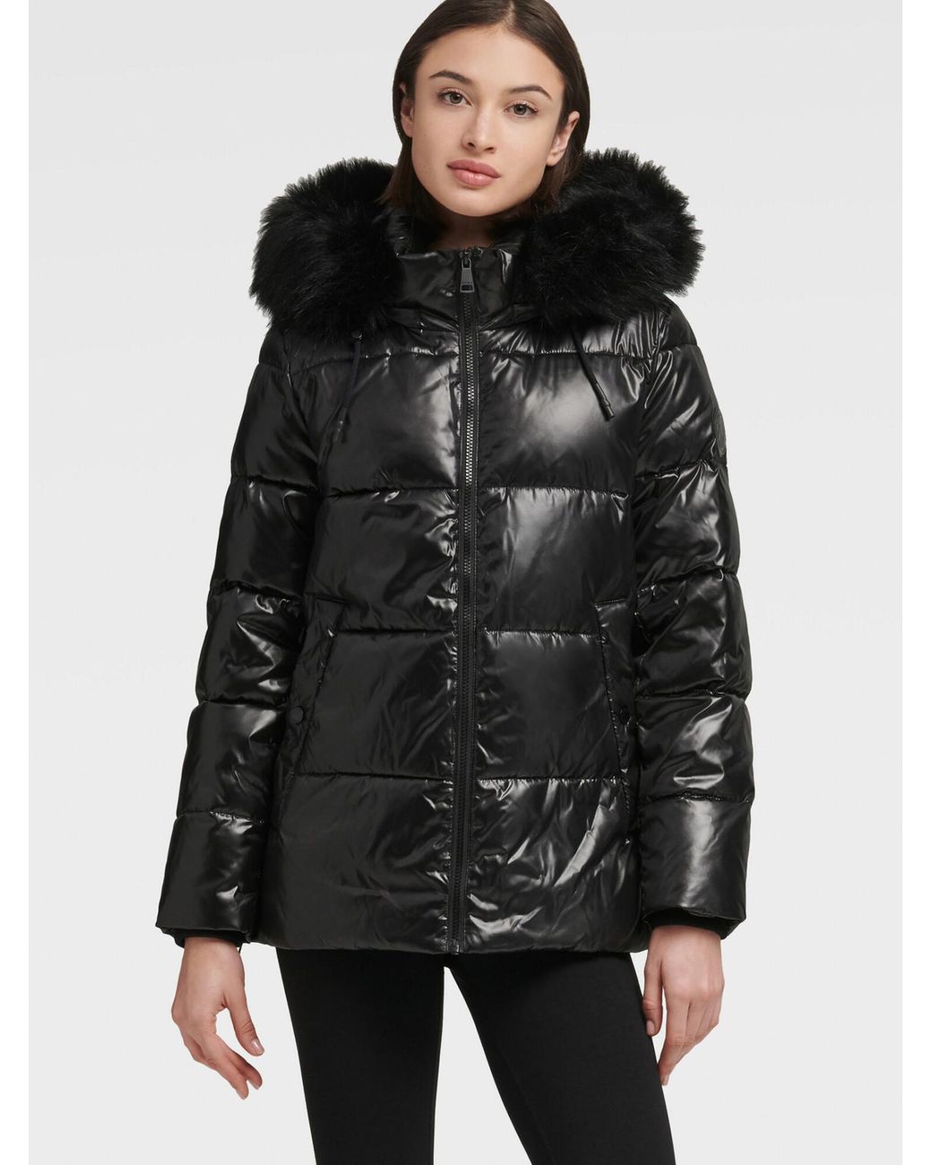 DKNY Glossy Puffer Jacket in Black | Lyst