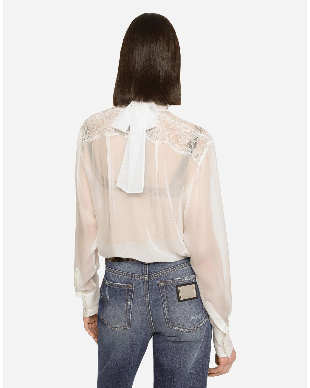 Dolce & Gabbana White Chiffon And Lace Pussy-Bow Blouse