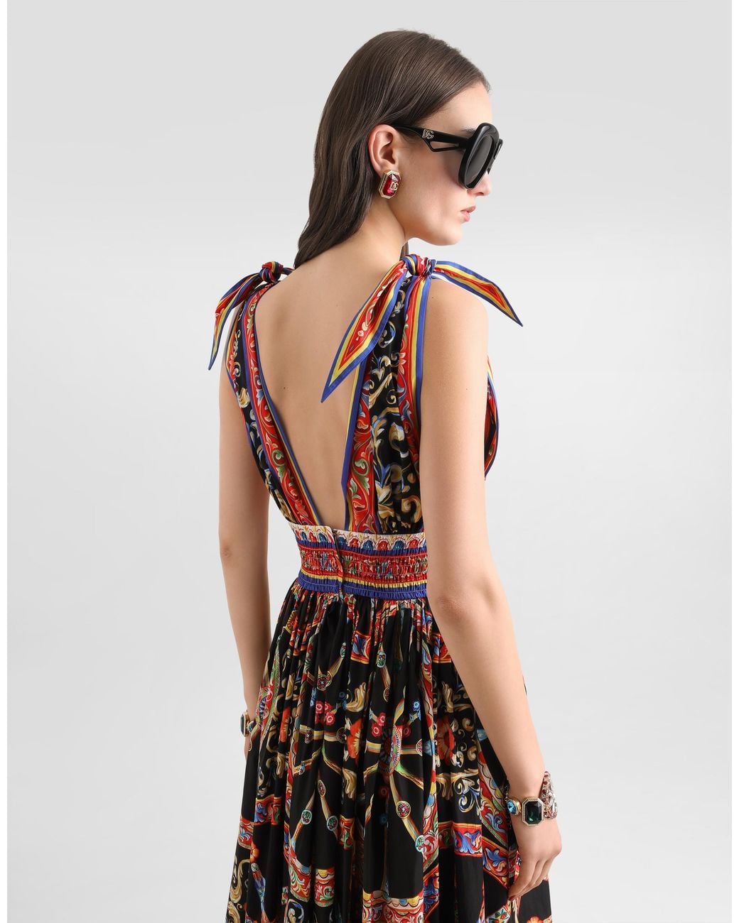 Dolce & Gabbana White Carretto-Print Long Poplin Dress