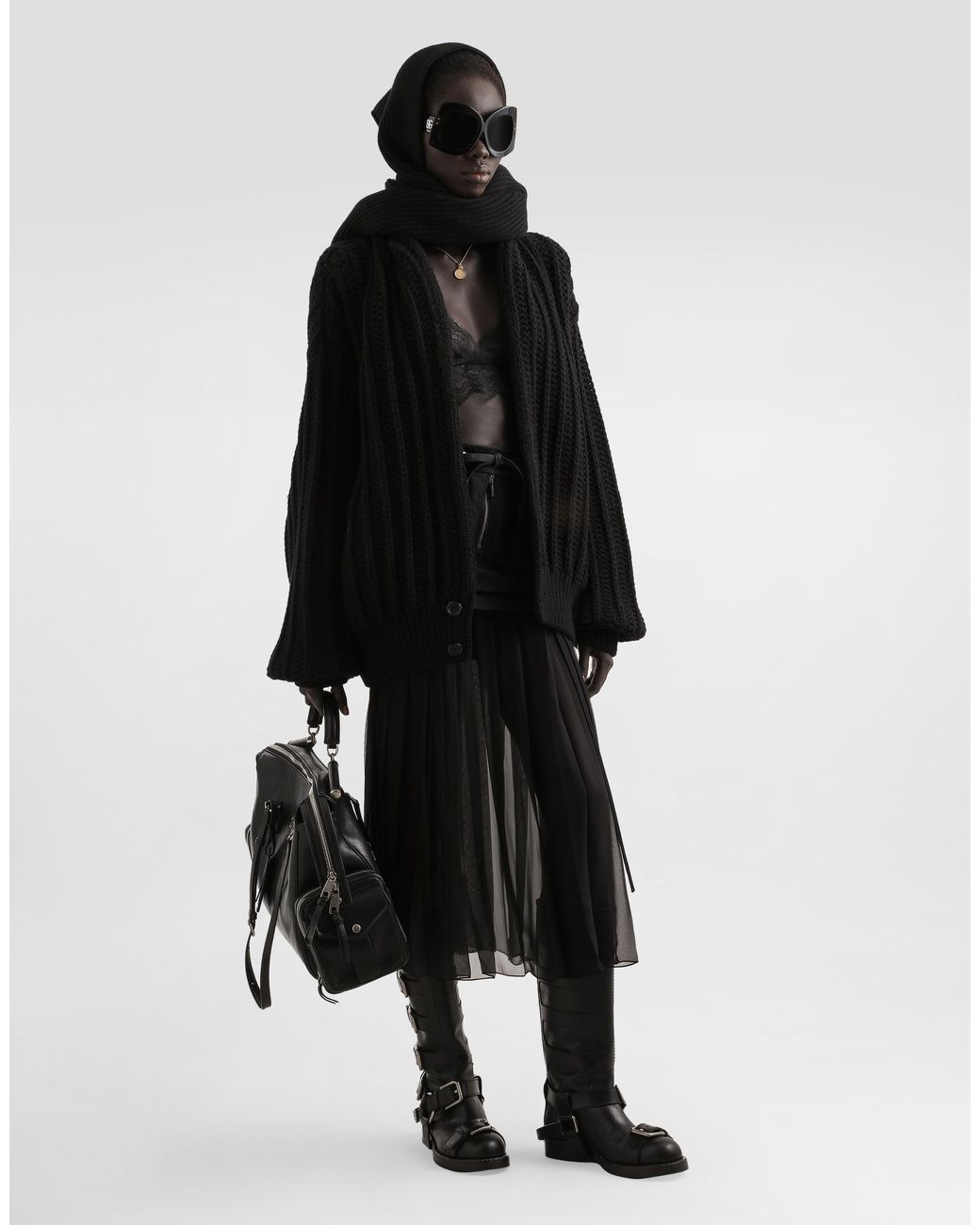 Dolce & Gabbana Black Twill Midi Skirt With Chiffon
