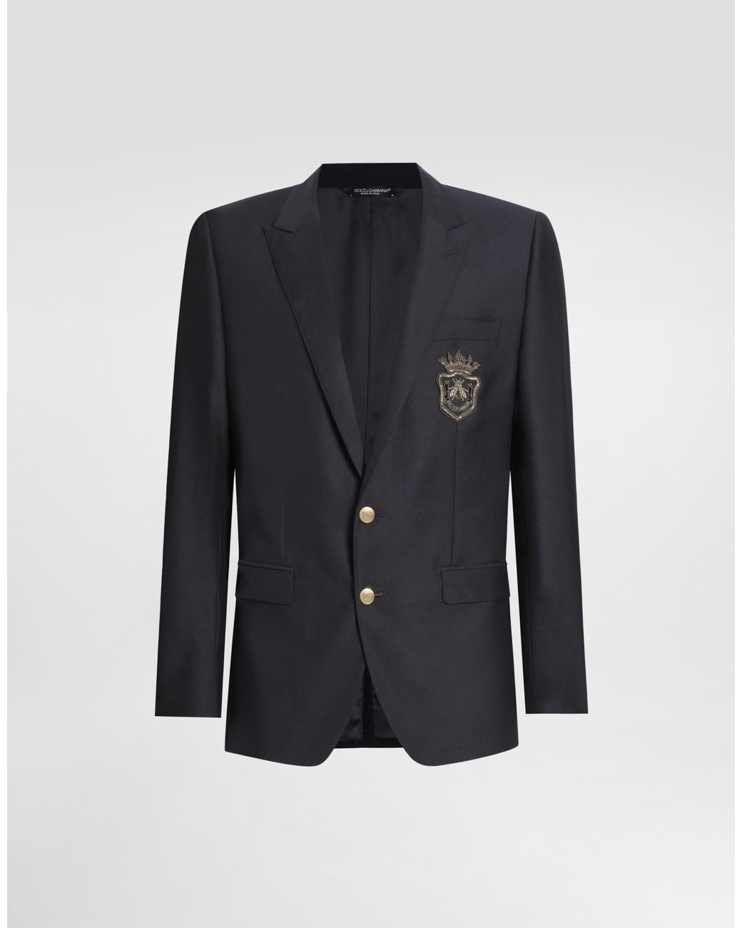 Dolce & Gabbana Blue Single-Breasted Wool And Silk Jacket With Patch for men
