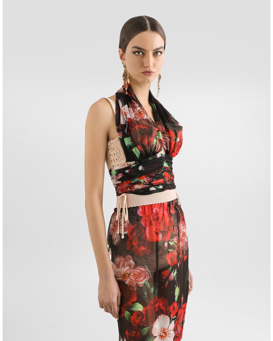 Dolce & Gabbana Red Marquisette And Chiffon Corset Top With Floral