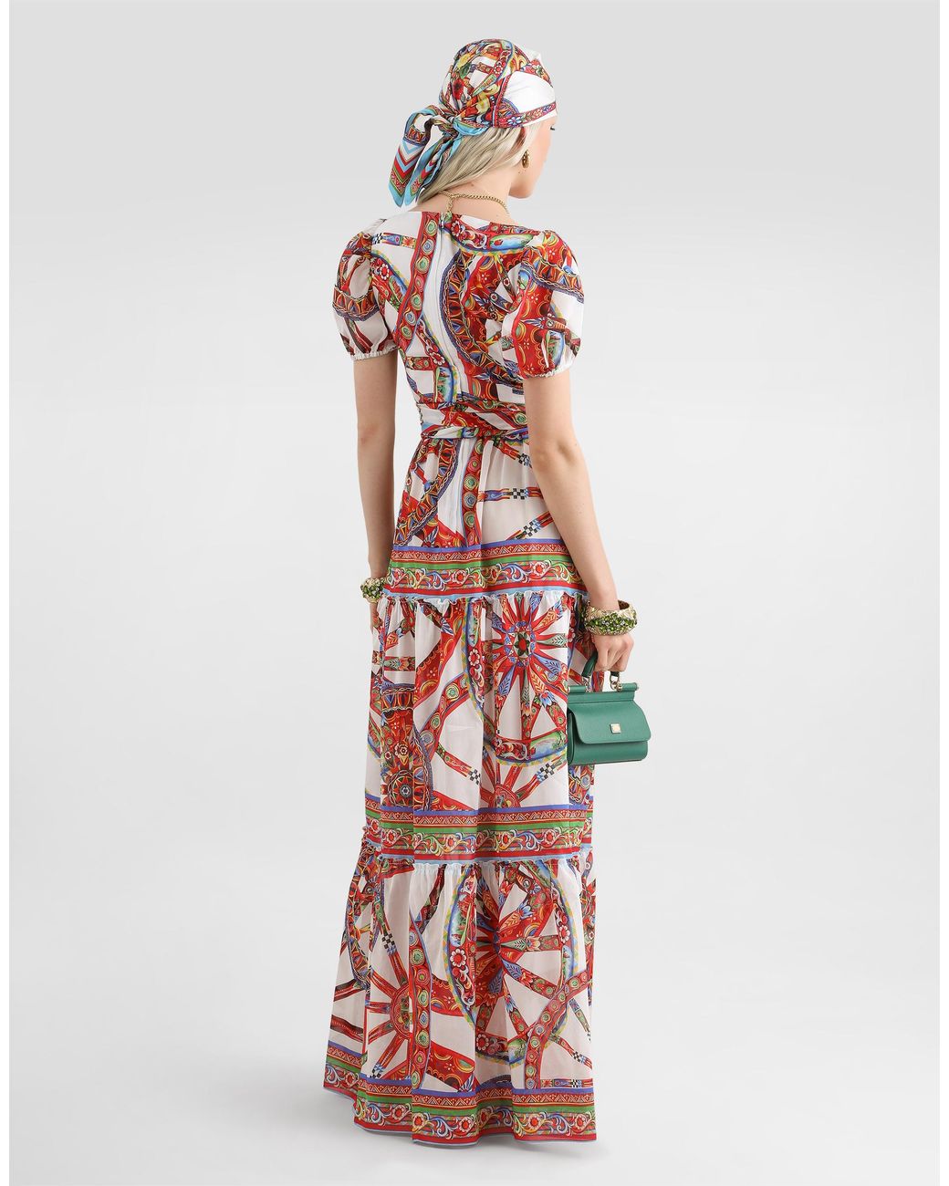 Dolce & Gabbana White Long Batiste Dress With Carretto-Print