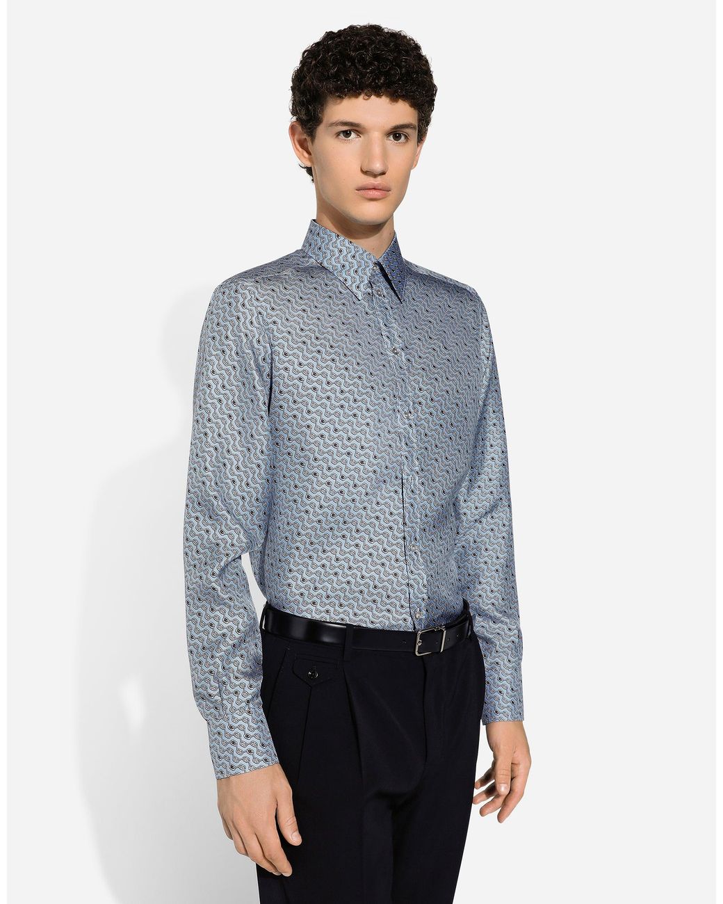 Dolce & Gabbana Blue Silk Martini-Fit Shirt With Tie Print for men