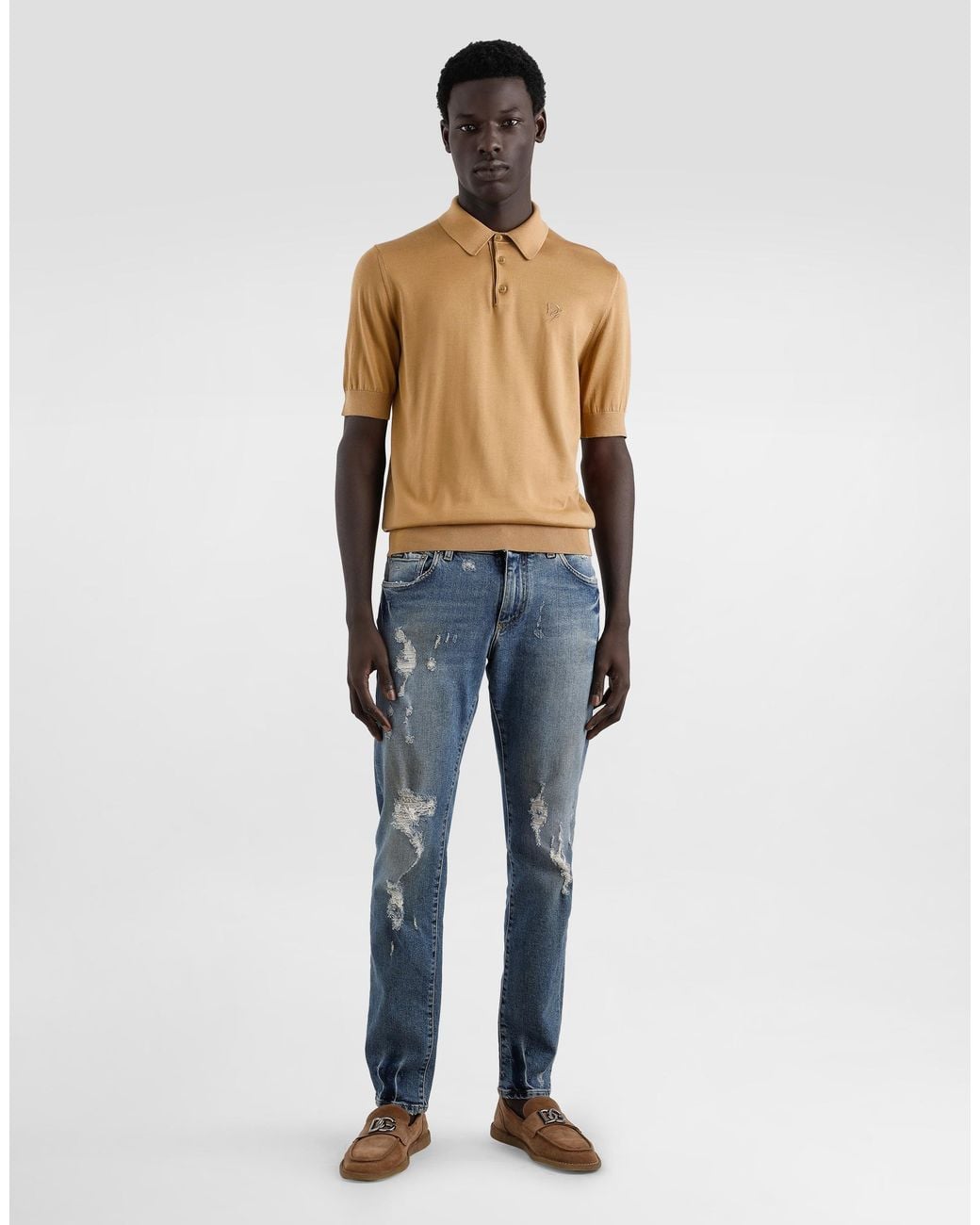 Dolce & Gabbana Natural Silk Polo-Shirt With Logo Embroidery for men