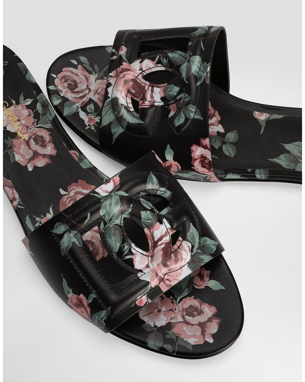 Dolce & Gabbana White Calfskin Flat Slippers With Rose Print