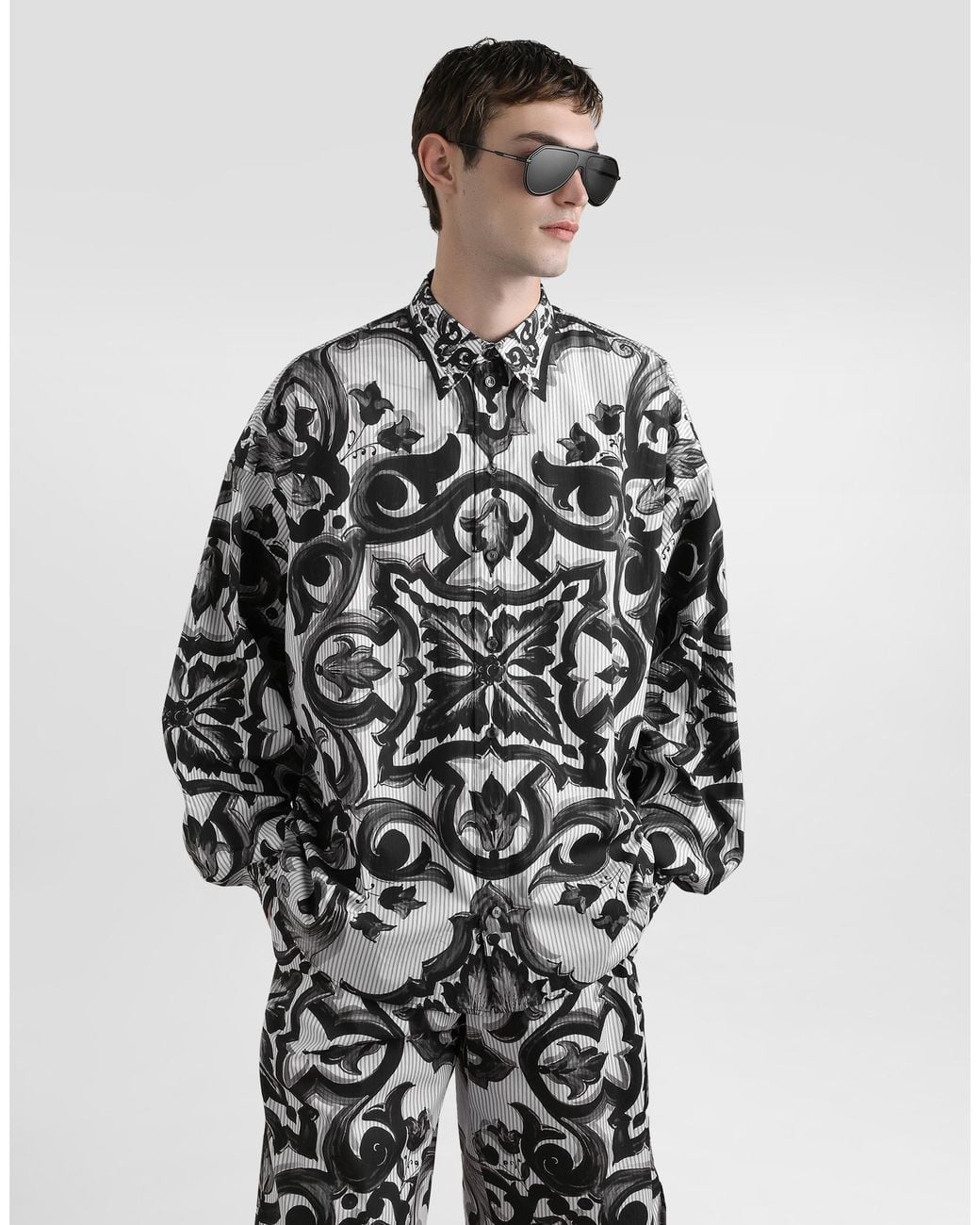 Dolce & Gabbana White Majolica-Print Oversized Striped Popeline Shirt for men
