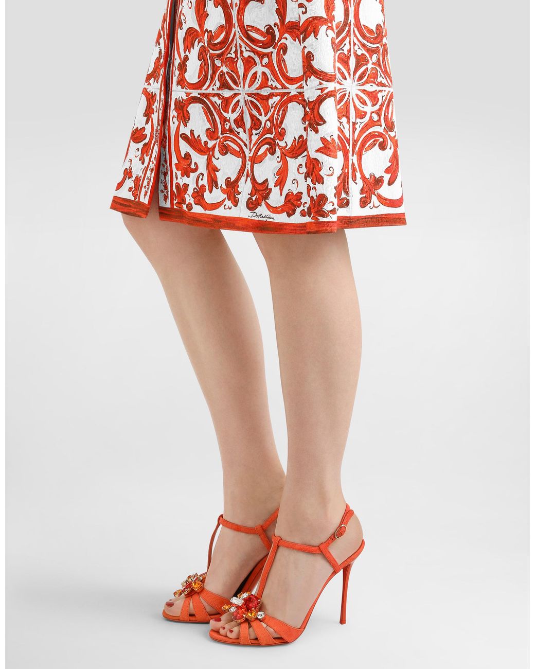 Dolce & Gabbana Red Majolica-Print Brocade Skirt With Jewel Buttons