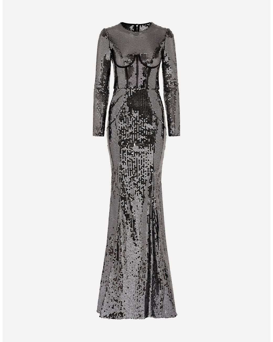 Dolce & Gabbana White Long Sequined Dress With Corset Detailing