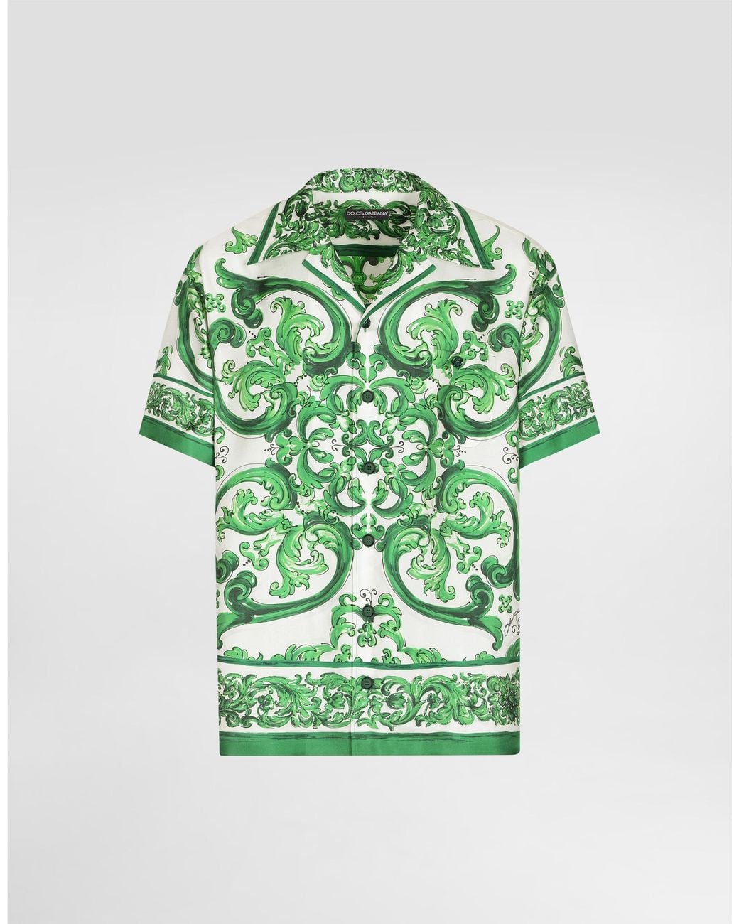 Dolce & Gabbana Green Silk Twill Hawaiian Shirt With Majolica for men