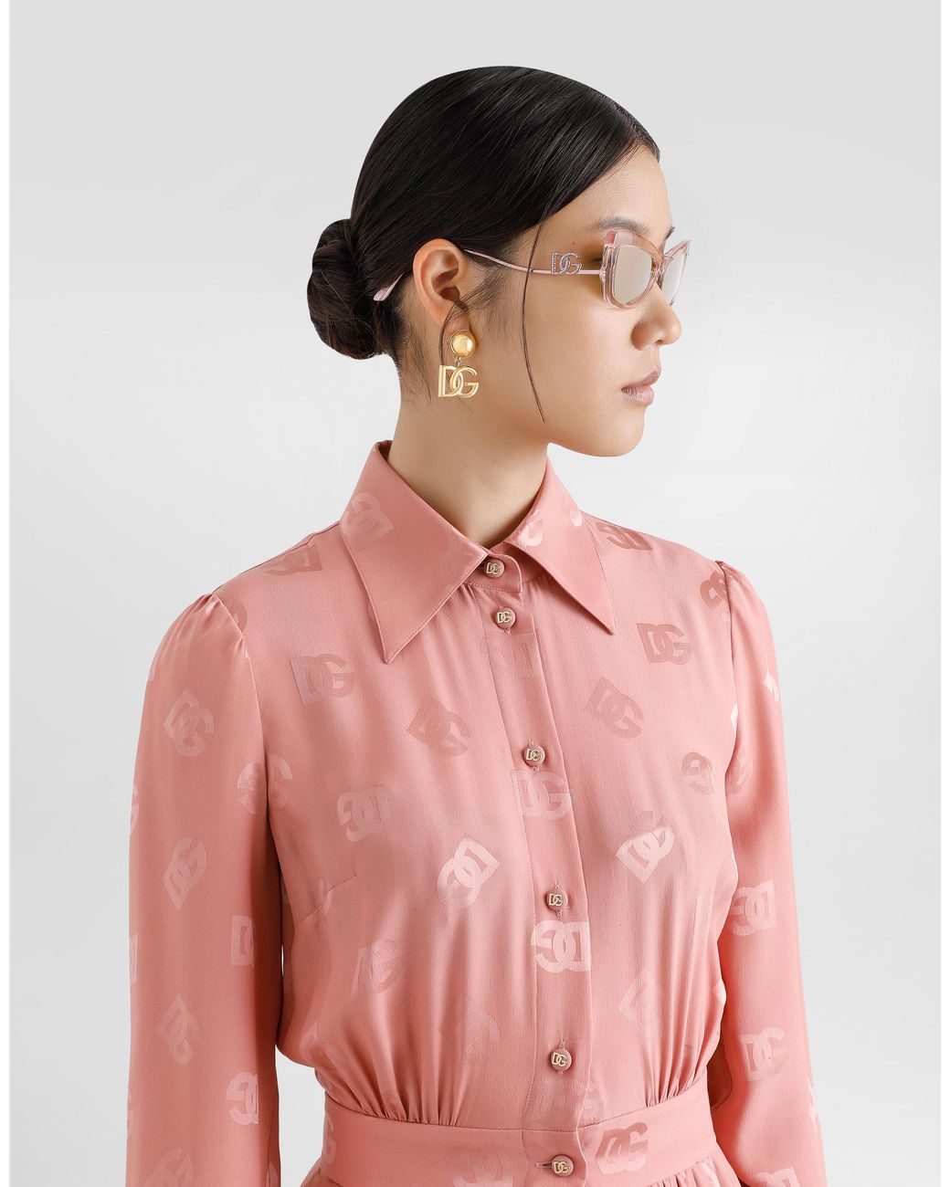 Dolce & Gabbana Silk Satin Jacquard Shirt Dress With Dg Logo in