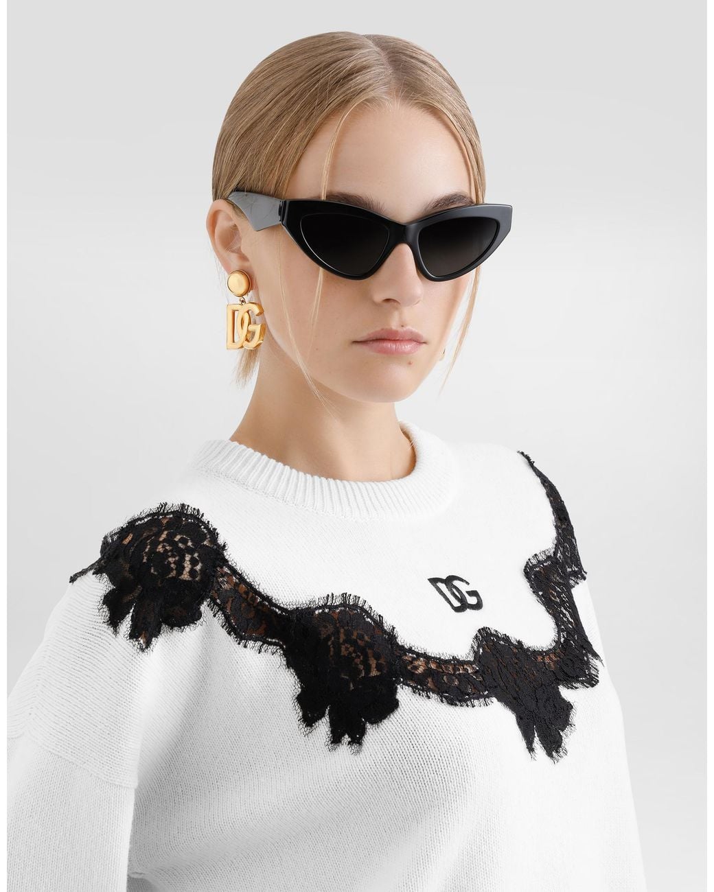 Dolce & Gabbana Black Wool Sweater With Dg Logo And Lace Inserts