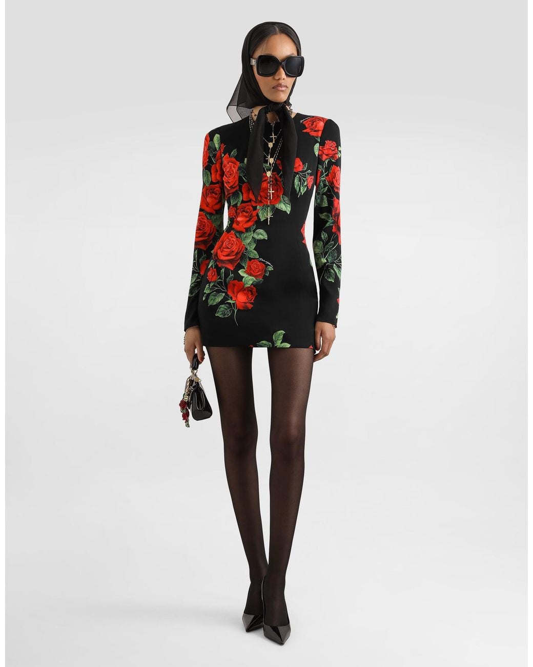 Dolce & Gabbana Red Rose-Print Charmeuse Dress