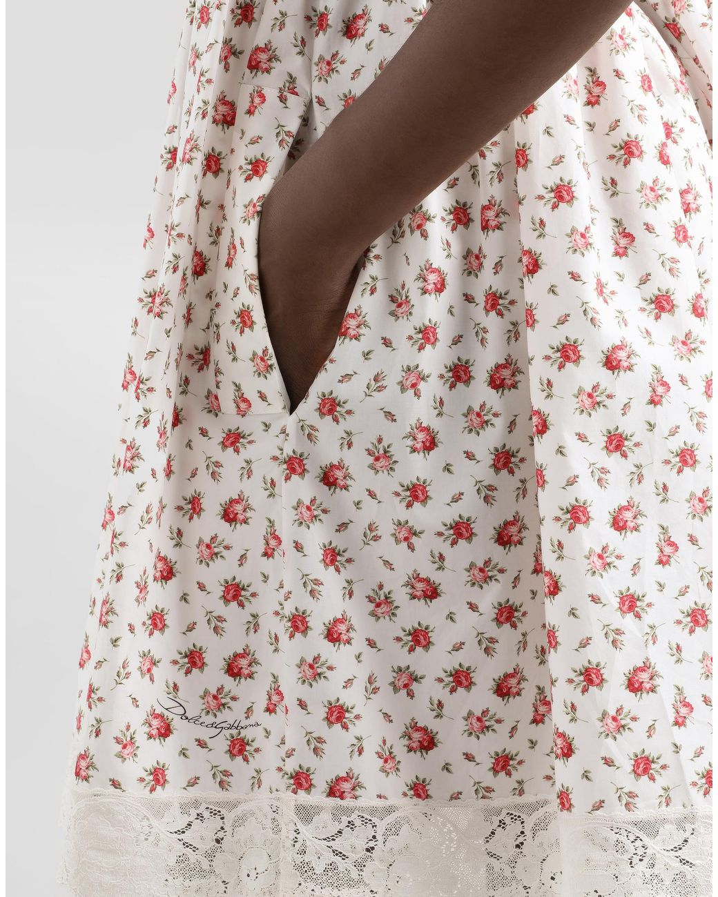 Dolce & Gabbana White Small Rose-Print Short Poplin Dress