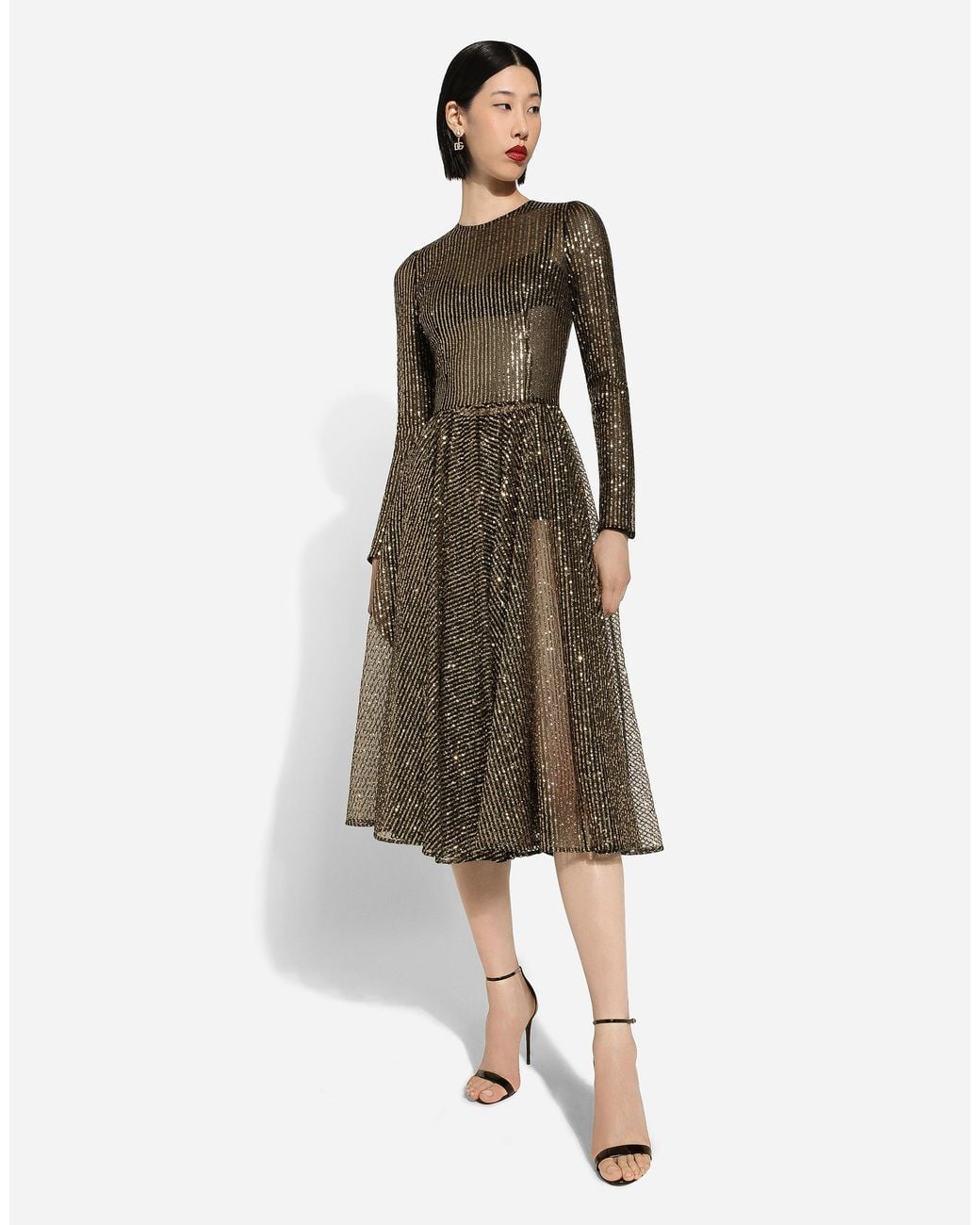 Dolce & Gabbana Natural Long-Sleeved Sequined Midi Dress