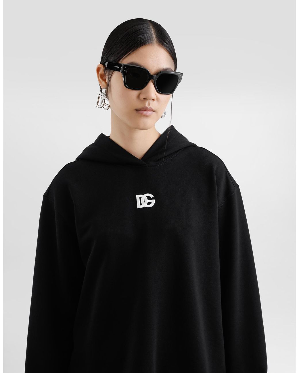 Dolce & Gabbana Black Kapuzensweatshirt Aus Jersey Mit Dg-Stickerei