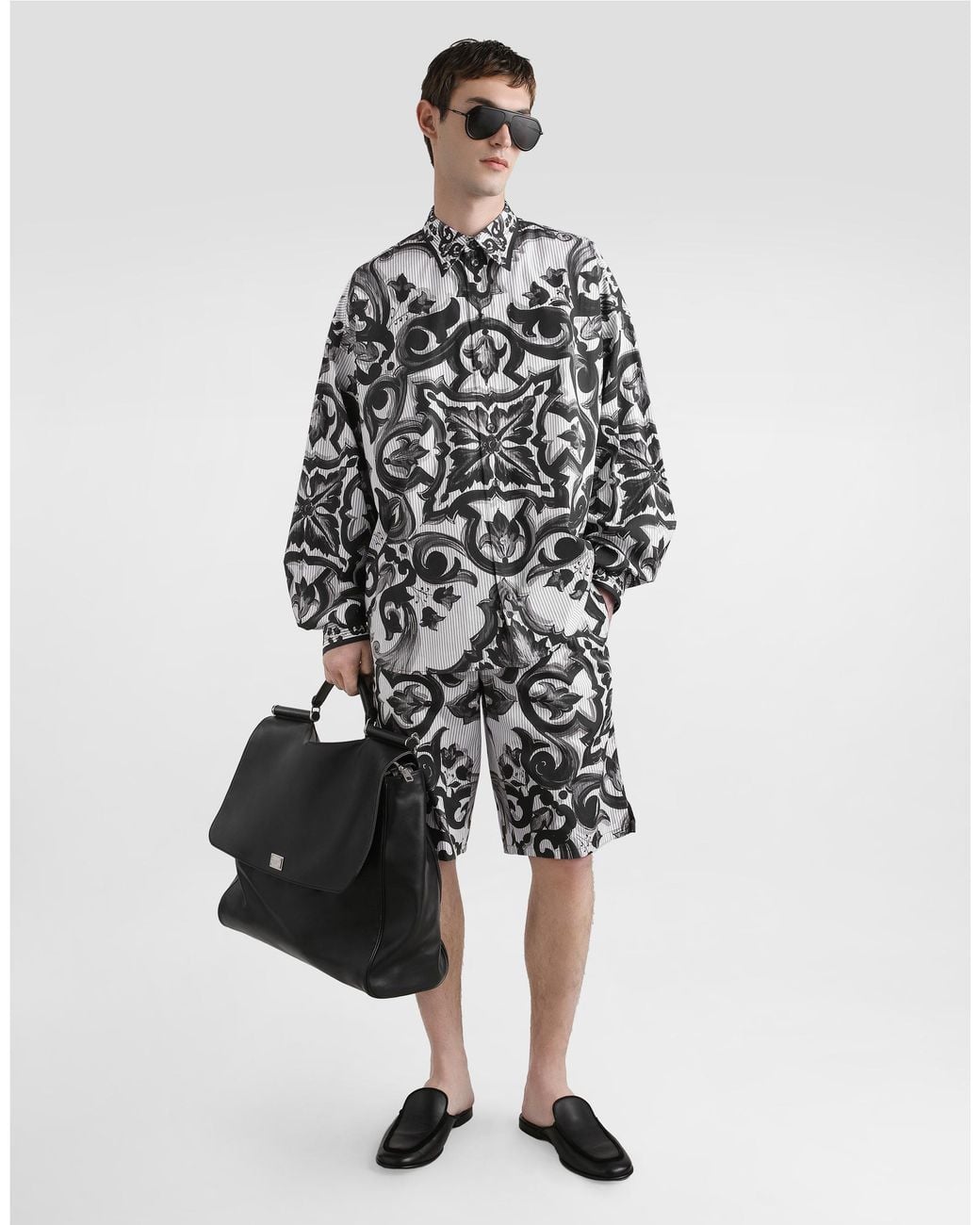 Dolce & Gabbana White Majolica-Print Oversized Striped Popeline Shirt for men