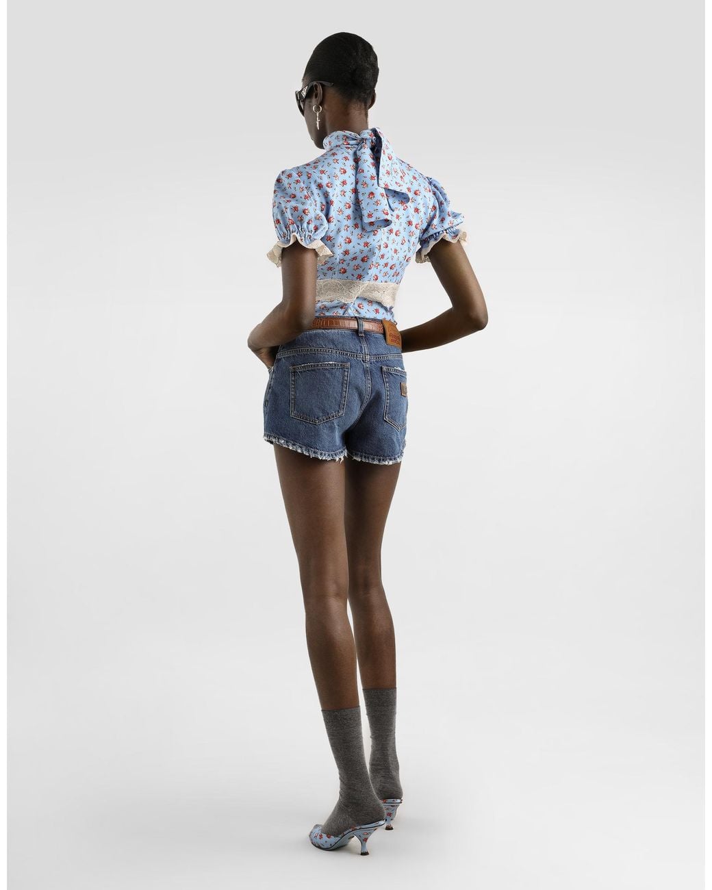 Dolce & Gabbana Blue Small Rose-Print Charmeuse Top
