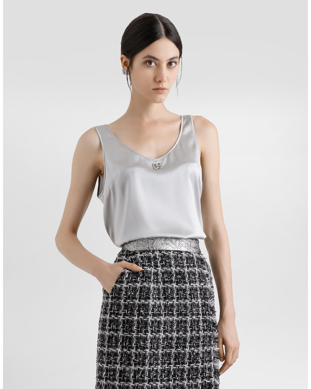 Dolce & Gabbana White Satin Tank Top With Dg Logo Pin