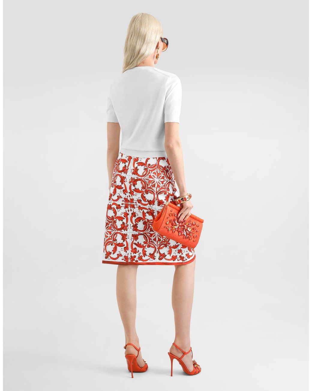 Dolce & Gabbana Red Majolica-Print Brocade Skirt With Jewel Buttons
