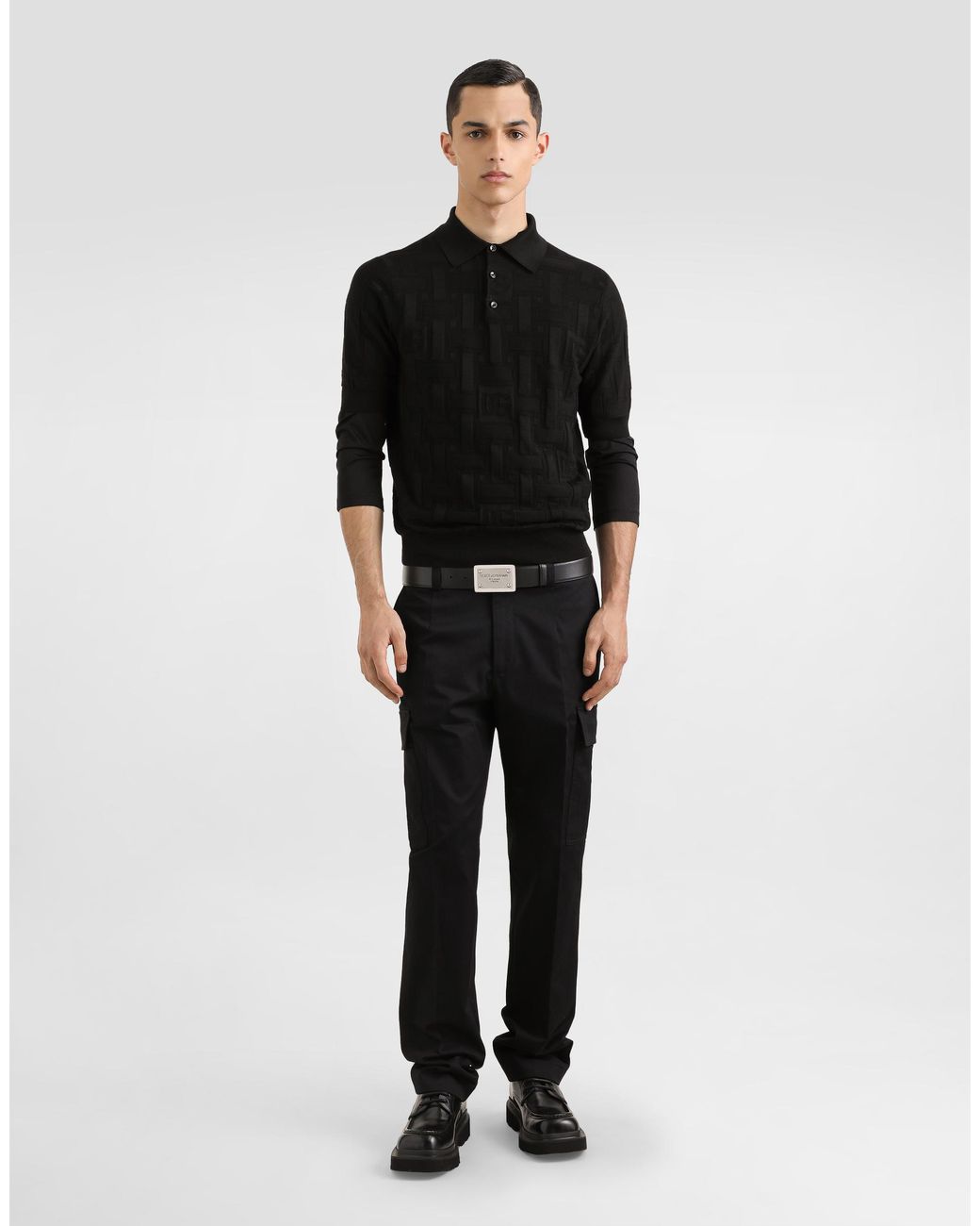 Dolce & Gabbana Black Silk Polo-Shirt With Jacquard Logo for men