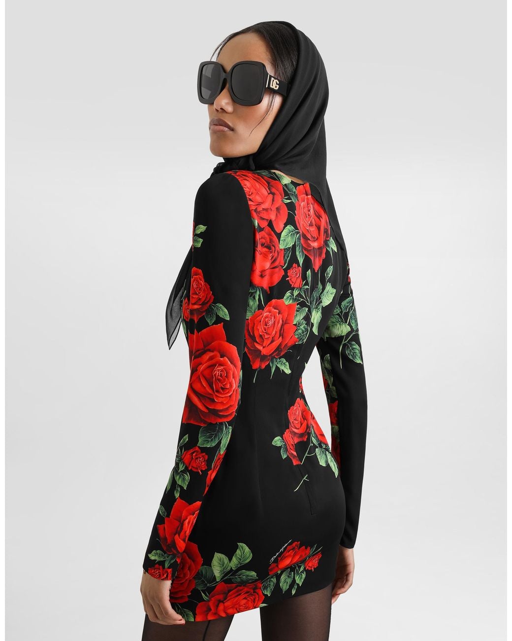 Dolce & Gabbana Red Rose-Print Charmeuse Dress