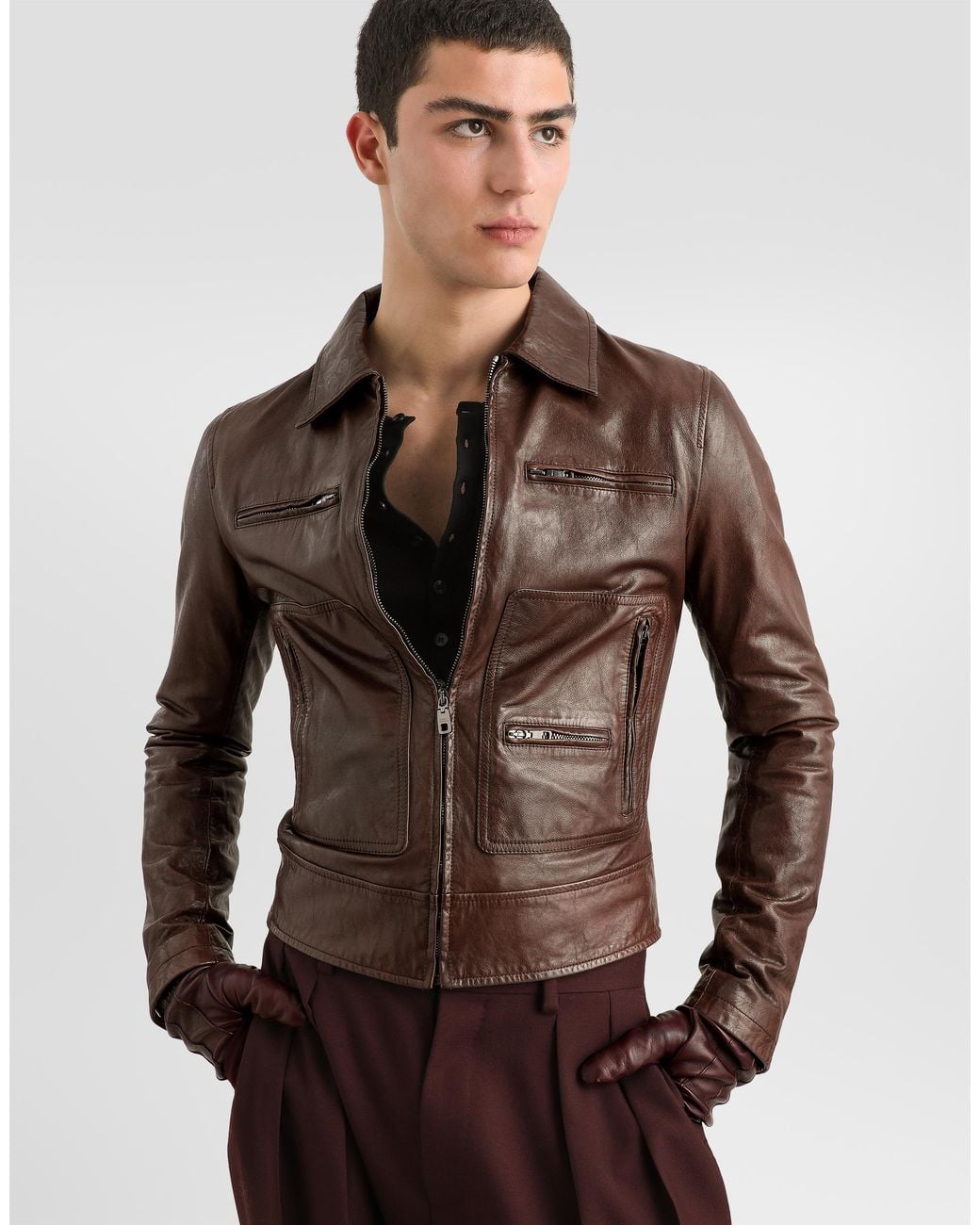 Dolce & Gabbana Brown Leather Jacket for men