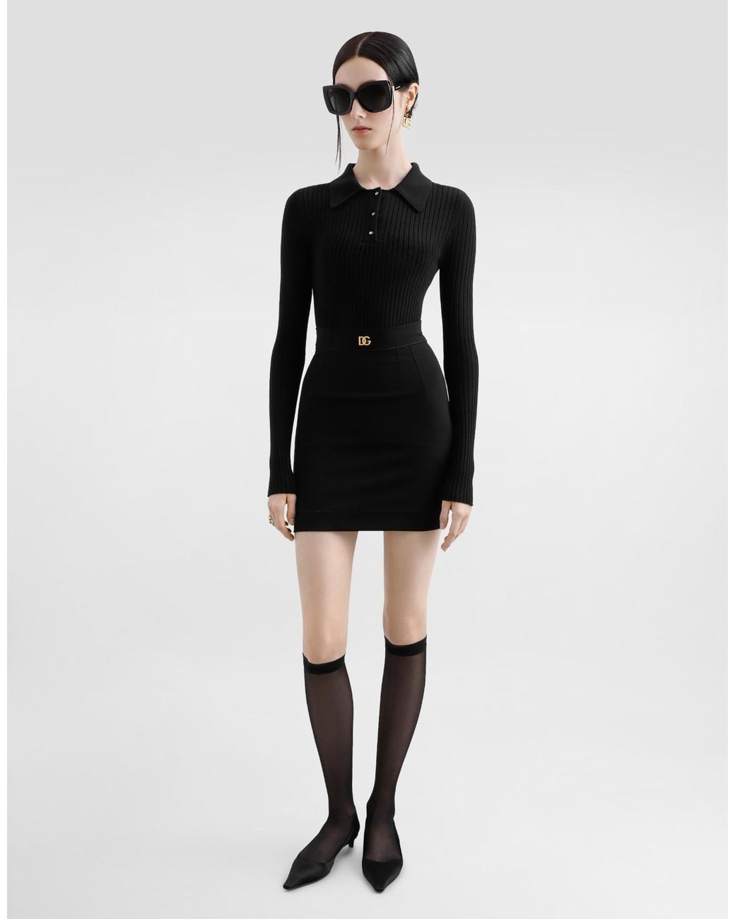 Dolce & Gabbana Black Ribbed Wool Polo-Style Sweater
