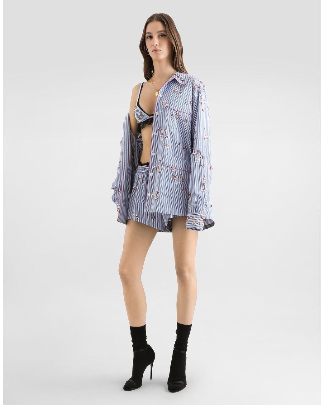 Dolce & Gabbana Blue Poplin Shirt With Crystal Flower Embroidery