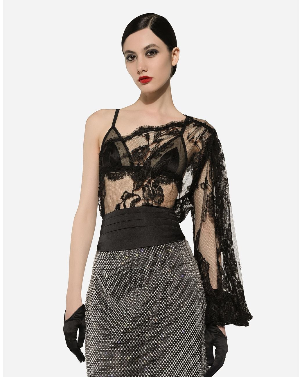 Dolce & Gabbana Black Chantilly Lace One-Shoulder Blouse