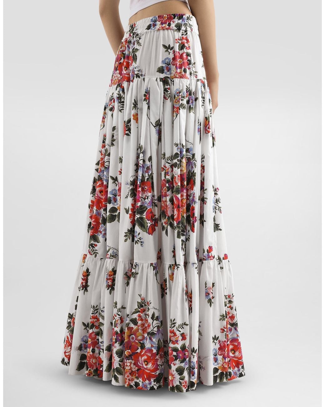 Dolce & Gabbana White Flower Bouquet-Print Poplin Long Skirt