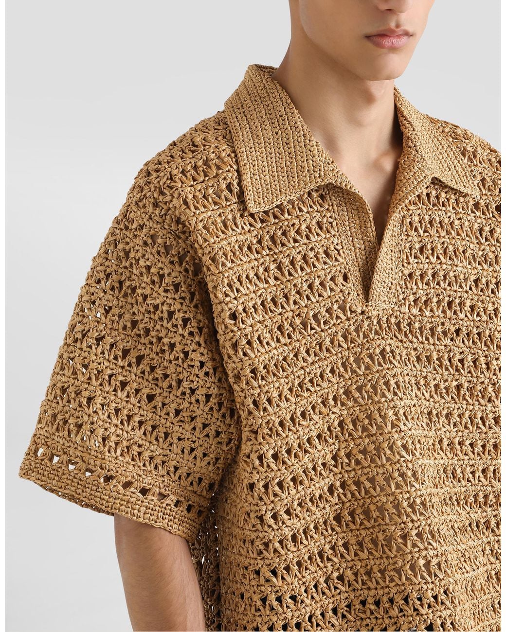 Dolce & Gabbana Natural Short-Sleeved Viscose Crochet Polo-Shirt for men