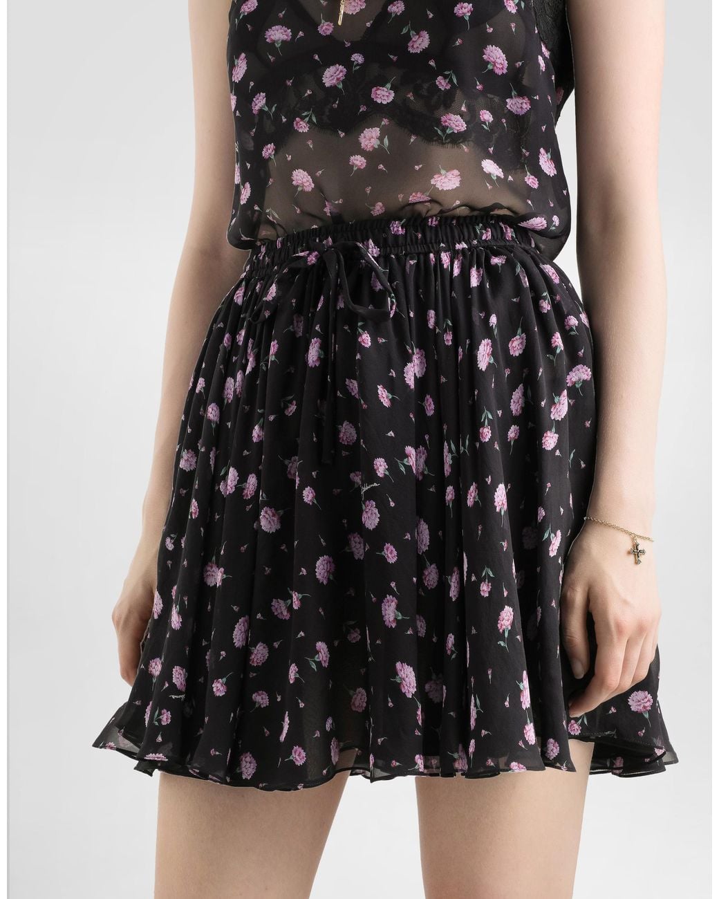 Dolce & Gabbana Black Carnations-Print Chiffon Circle Skirt