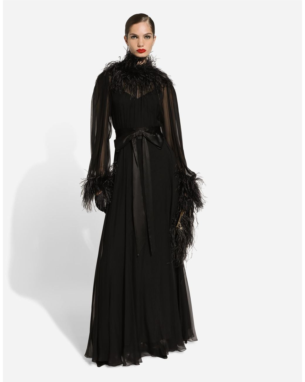 Dolce & Gabbana Black Long Silk Chiffon Dress With Ostrich Feather Details