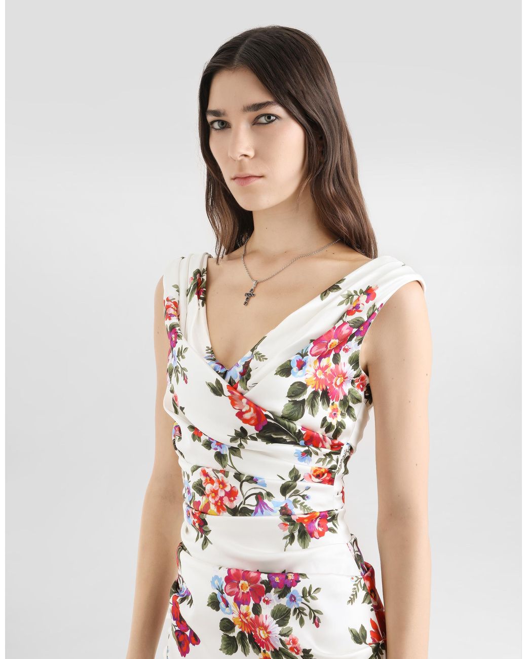 Dolce & Gabbana White Flower Bouquet-Print Satin Dress