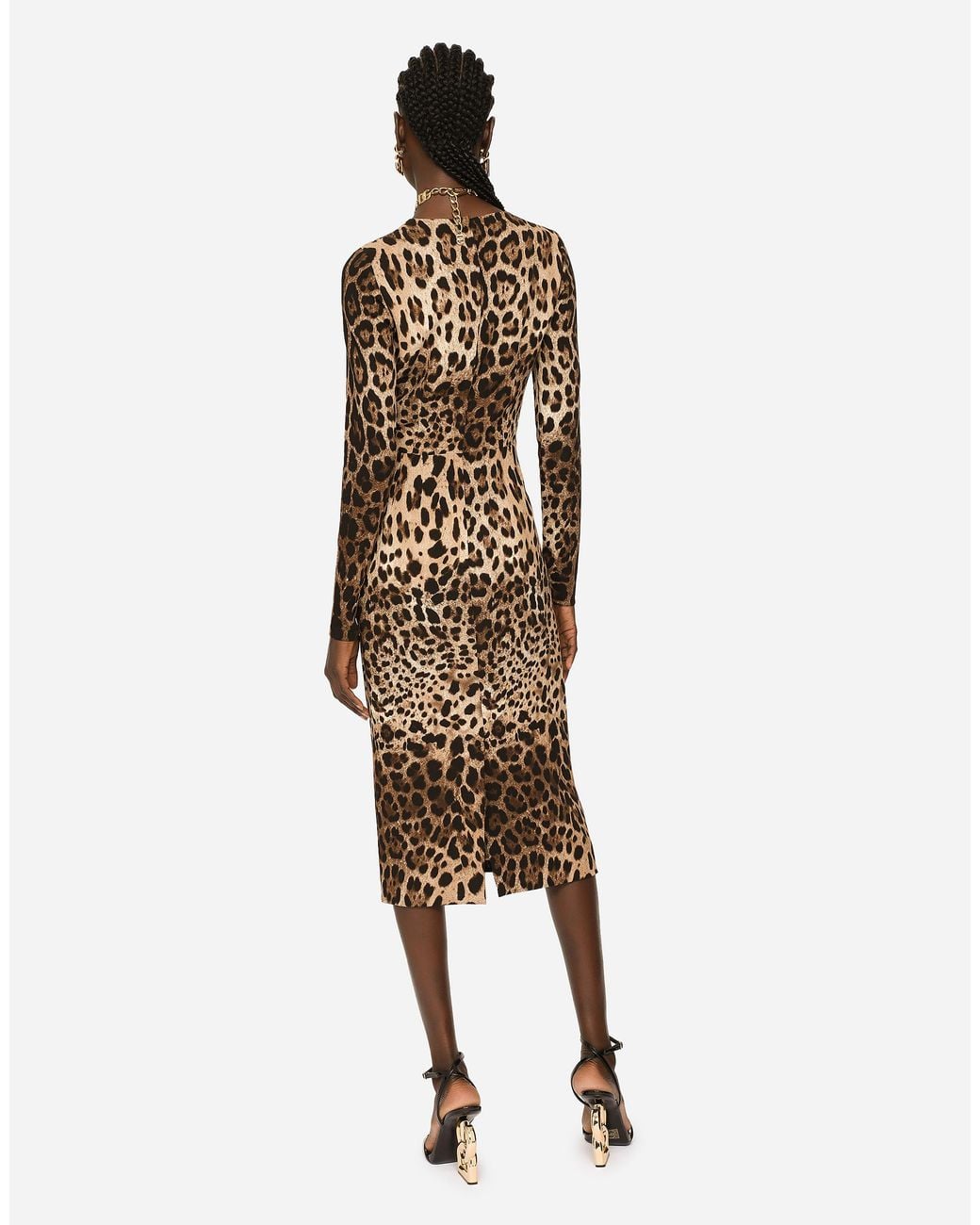 Dolce & Gabbana Natural Leopard-Print Cady Dress With Long Sleeves