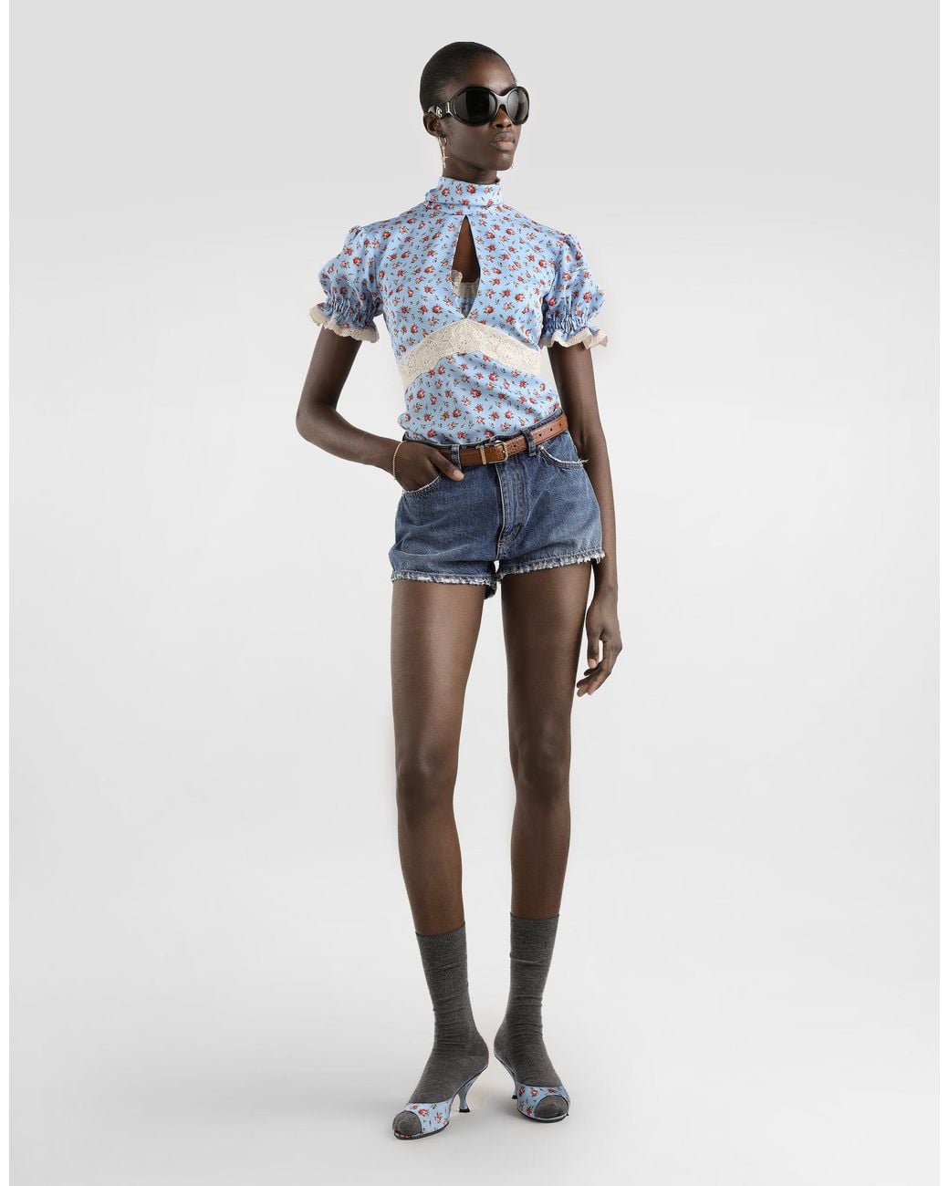Dolce & Gabbana Blue Small Rose-Print Charmeuse Top