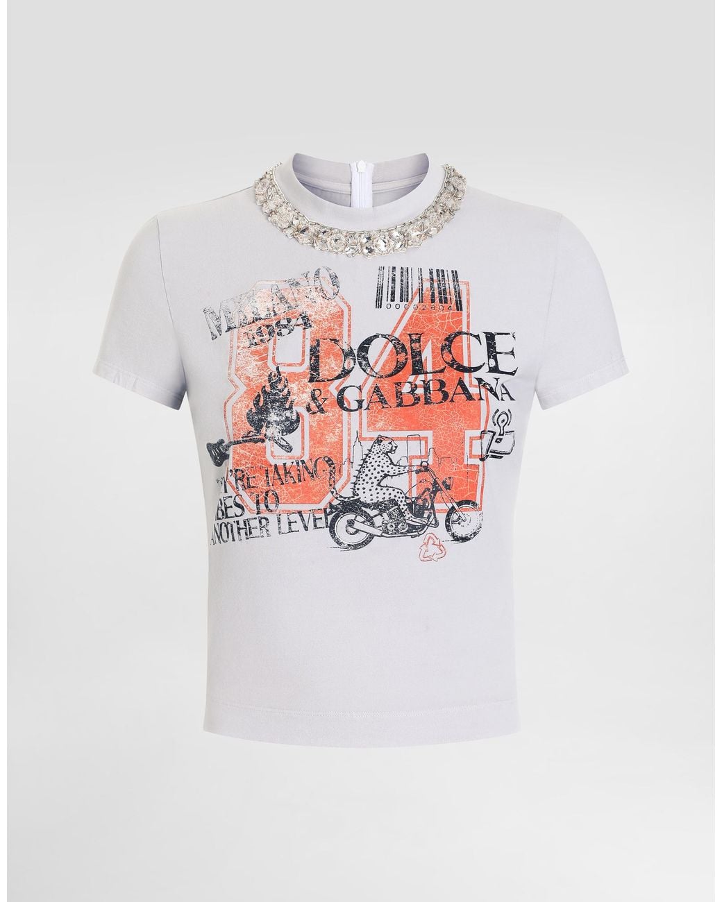 Dolce & Gabbana White Jersey T-Shirt With Print And Crystals