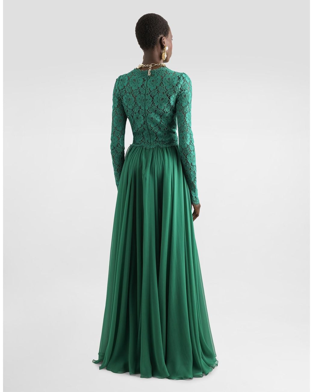 Dolce & Gabbana Green Long Chiffon And Lace Dress