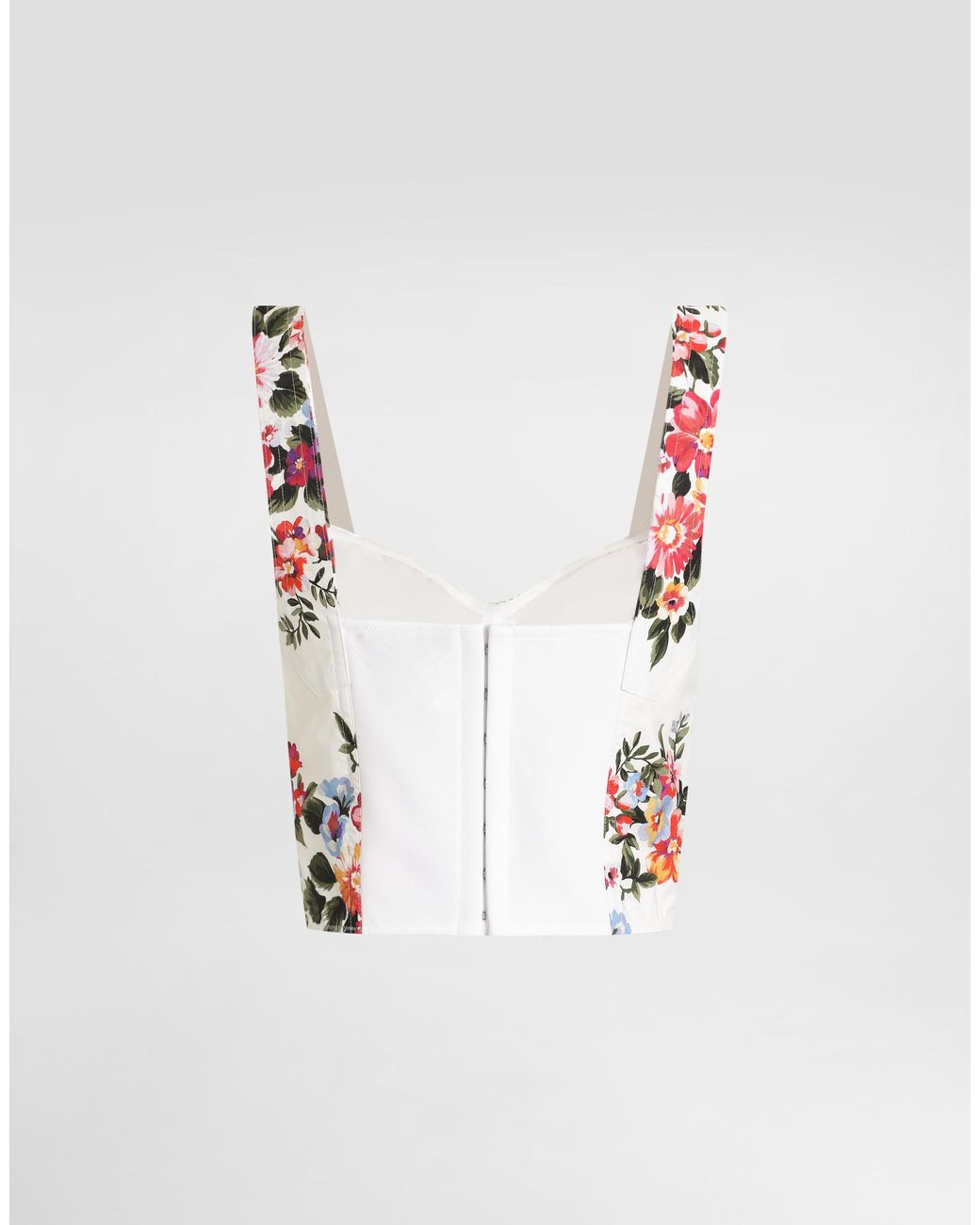 Dolce & Gabbana White Flower Bouquet-Print Cotton Bustier Top