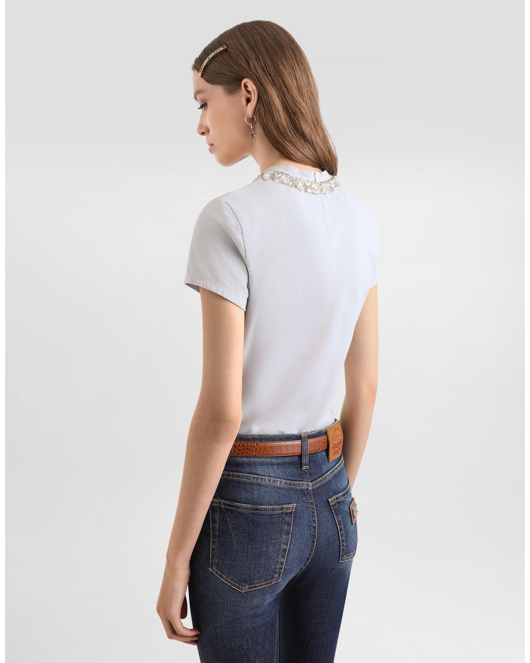 Dolce & Gabbana White Jersey T-Shirt With Print And Crystals